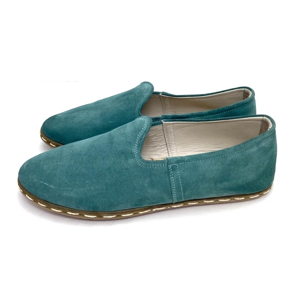 THE Bespoky Suede Handmade Flat Slip On Loafer In Aqua green Size 41